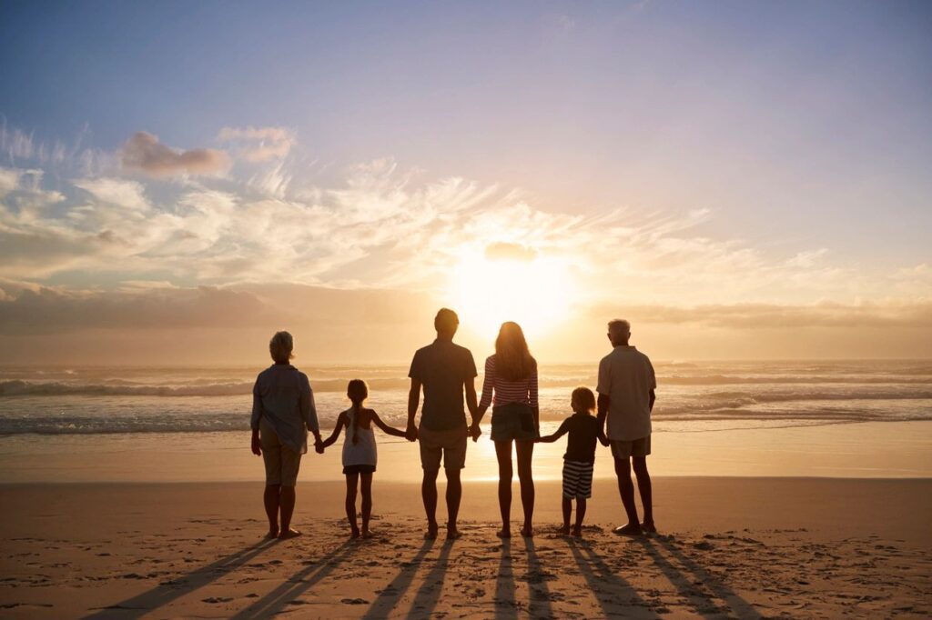 A family is watching sunset and beach