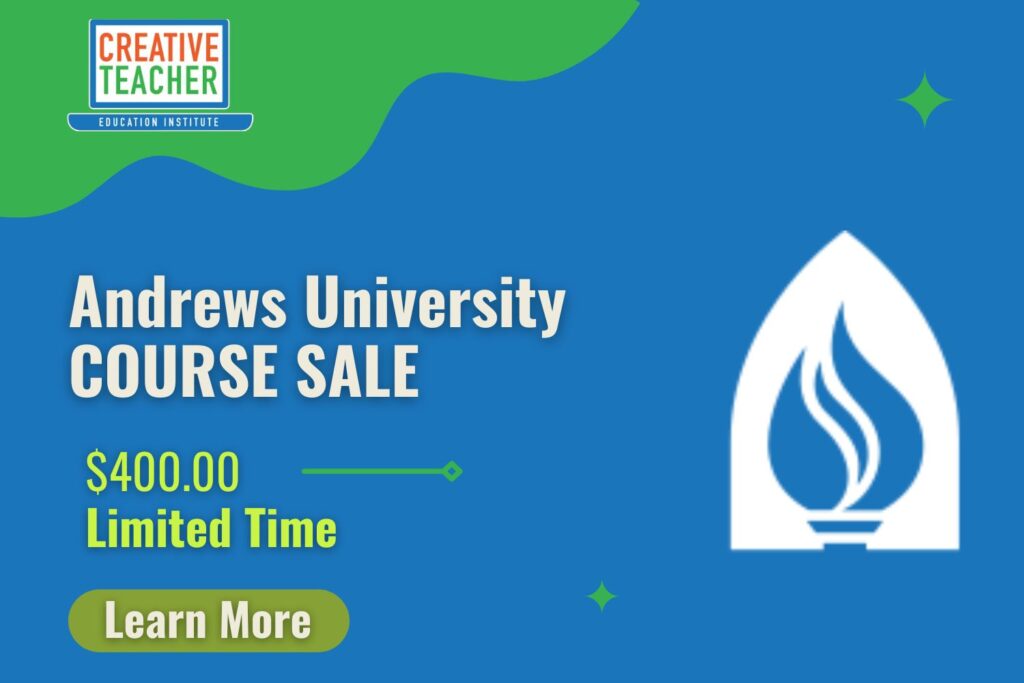 Advertisement for Andrews University course sale with up to 50% off.
