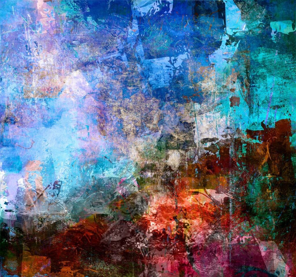 Abstract painting with vibrant blues, reds, and earthy tones blending together.