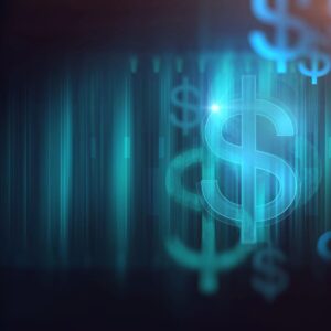 Abstract dollar signs with digital background.